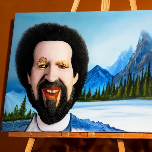 Image similar to a closeup photorealistic photograph of bob ross working on a canvas painting of marilyn manson. happy trees, mountain scape. film still. brightly lit scene. this 4 k hd image is trending on artstation, featured on behance, well - rendered, extra crisp, features intricate detail, epic composition and the style of unreal engine.