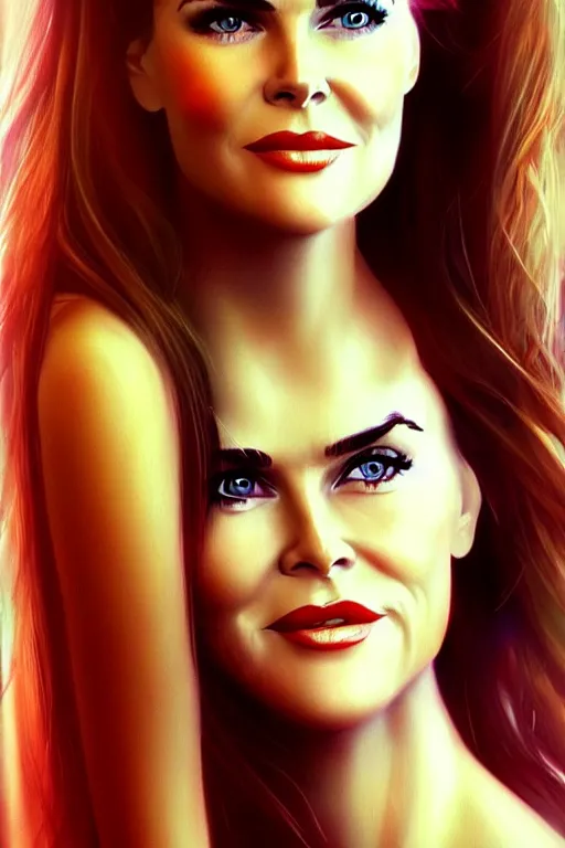 Image similar to mix of beautiful young maria shriver, mariel hemmingway, brooke shields, nicole kidman and elle macpherson as a mermaid, thin lips, hair tied up in a pony tail, dark hair, colorful, artstation, cgsociety