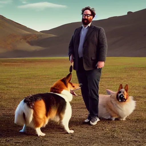 Image similar to Eric Wareheim with a corgi, hyperrealistic, RPG portrait, ambient light, dynamic lighting, golden hour