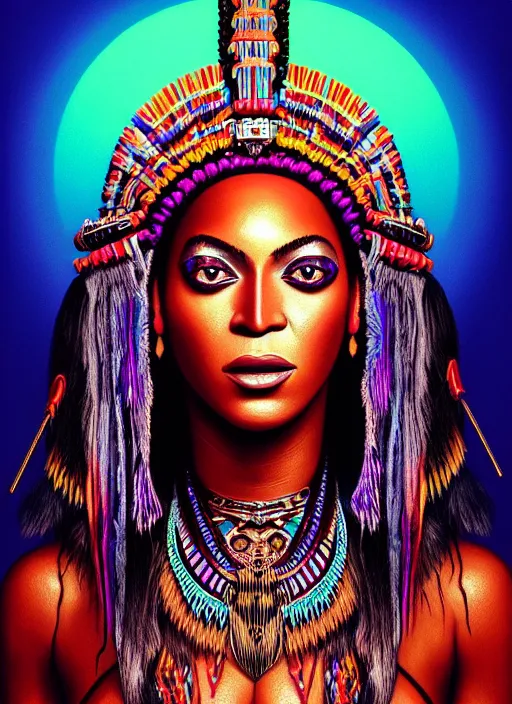 Image similar to portrait of beyonce, hyper detailed ultra sharp aztec shaman warrior. trending on artstation, warpaint aesthetic, bloodwave, colorful, psychedelic, ornate, intricate, digital painting, concept art, smooth, sharp focus, illustration, art by artgerm and greg rutkowski and h. r. giger, 8 k