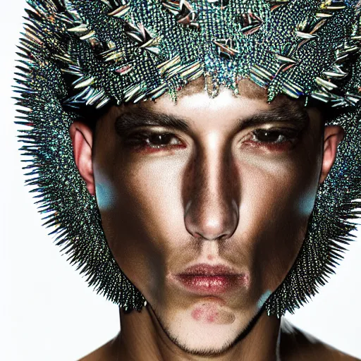 Image similar to a portrait of a beautiful young male wearing an alexander mcqueen armor made of holographic spikes , photographed by andrew thomas huang, artistic