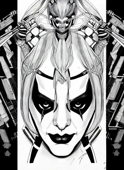 Image similar to symmetry concpet art, full shot, traditional ink, sketch, of harley quinn, line sketch, intricate, elegant, highly detailed, monochrome, digital painting, artstation, concept art, sharp focus, illustration, art by borderlands 3 and peter polach