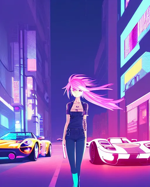 Image similar to digital illustration of cyberpunk pretty girl with pink hair, standing by a blue ford gt in a street at night, under streetlights, by makoto shinkai, ilya kuvshinov, lois van baarle, rossdraws, basquiat