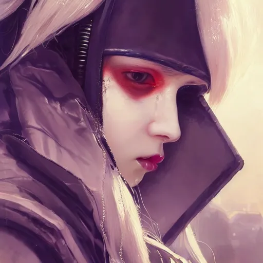 Image similar to very cool girl white hair girl with mask, streetwear, techwear, cyberpunk style outfit, full body, nose piercing, detailed portrait, intricate complexity, by greg rutkowski, cushart krentz, artgerm, ross tran, conrad roset, takato yomamoto, ilya kuvshinov. 4 k, beautiful, cinematic dramatic atmosphere, portrait lighting