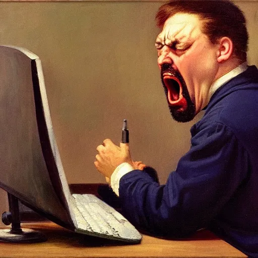 Image similar to an angry man yells at his computer monitor, oil on canvas, 1 9 0 1