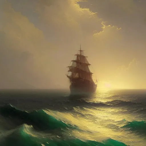 Image similar to a beautiful painting of the sea by ivan aivazovsky and sin jong hun and greg rutkowski. in style of concept art. 4 k texture. ray tracing. sharp lines, hyper detailed. octane render. trending on artstation