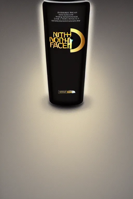 Prompt: concept art of a north face brand dietary supplement in a transparent modern rounded bottle filled with gold brown iridescent liquid, black top, it is written tmic instead of the north face, by greg rutkowski, white tones, white background, digital painting, artstation, concept art, smooth, sharp foccus ilustration hq