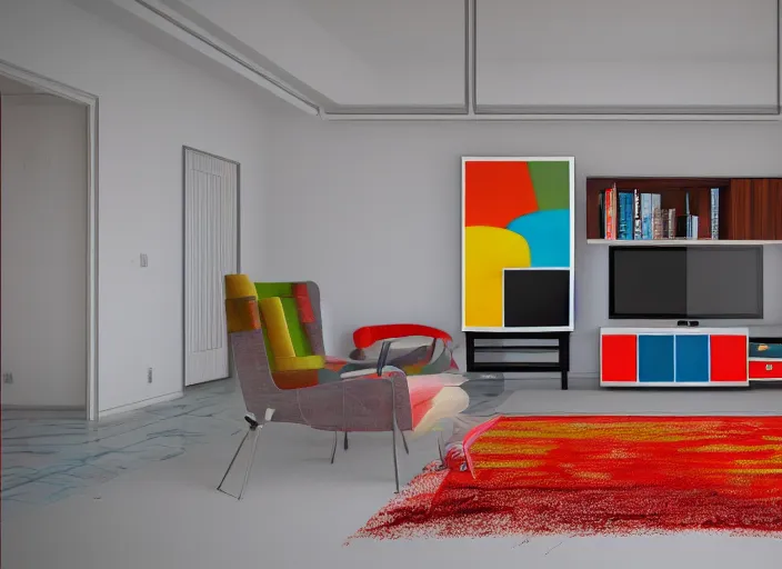 Prompt: retro futuristic apartment, 7 0 s hi fi system, funky furniture, modern art, cgisociety, 8 k uhd