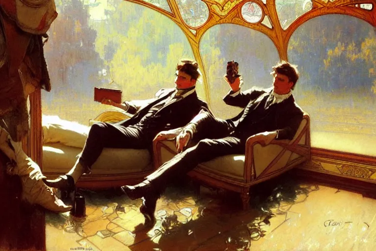 Image similar to 2 attractive men sitting on a coach, painting by gaston bussiere, craig mullins, greg rutkowski, alphonse mucha