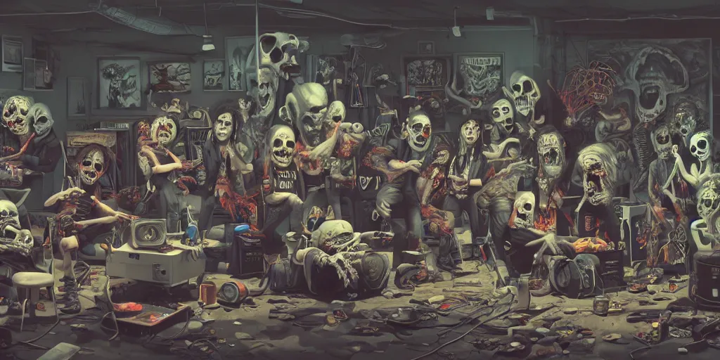 Prompt: a garage of undead rock band, realistic, extremely detailed, sharp focus, wide view, smooth, digital illustration, octane render, unreal engine 6, ray tracing, by james jean, by rossdraws, by frank franzzeta, by mcbess, by sakimichan, by brosmin, by danton fadeev, by steve simpson