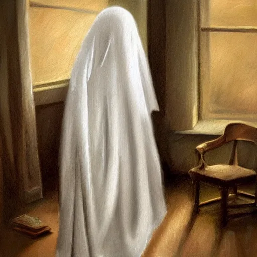 Image similar to ominous bedsheet ghost standing in the corner of a bedroom, oil painting, brush strokes, highly ornate intricate detail, gloomy mood,