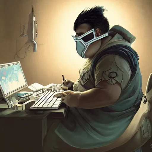 Image similar to an insanely detailed painting of a chubby nerdy asian man wearing a homemade superhero costume and mask, sitting at a computer desk typing on the keyboard, in the style of peter mohrbacher, dramatic lighting and composition, trending on artstation, concept art, comic book, graphic novel, back view