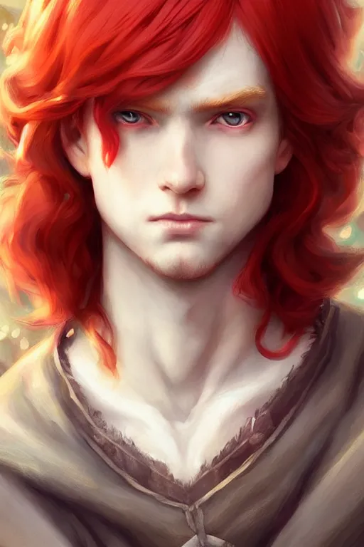 Image similar to young fairy prince, red hair, white eyes, highly detailed, d & d, fantasy, highly detailed, digital painting, trending on artstation, concept art, sharp focus, illustration, art by artgerm and greg rutkowski and fuji choko and viktoria gavrilenko and hoang lap