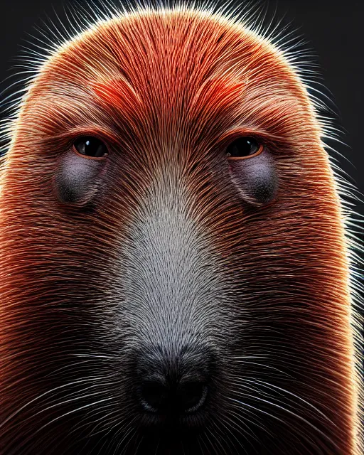 Image similar to vivid color portrait of funny giant cute eyes capybara, intricate abstract. intricate artwork, by tooth wu, wlop, beeple, dan mumford. concept art, octane render, trending on artstation, greg rutkowski very coherent symmetrical artwork. cinematic, key art, hyper realism, high detail, octane render, 8 k, iridescent accents