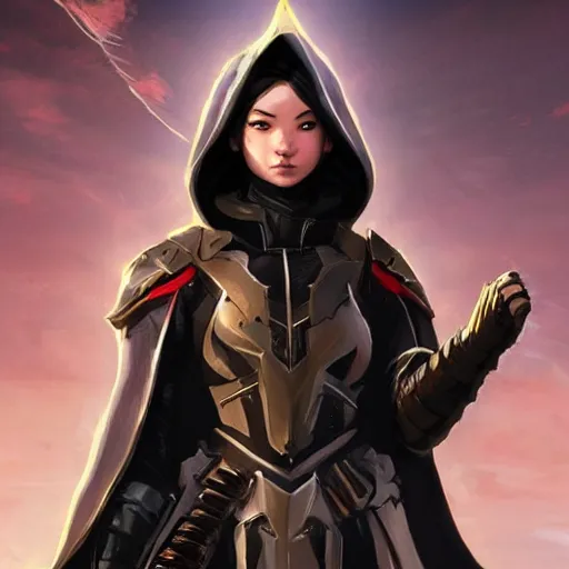 Prompt: cassandra cain in destiny hunter armor, wearing a hooded cloak, beautiful face!!!!, overlooking the last city on earth, 2 7 years old, cg animation, realistic, character select portrait, by artgerm, greg rutkowski, 3 d