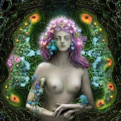 Image similar to an idealistic marble statue with fractal flowery hair in a fractal garden, glowing delicate flower and mushrooms that grow in a dark fatansy forest on the planet Pandora,, symmetrical,