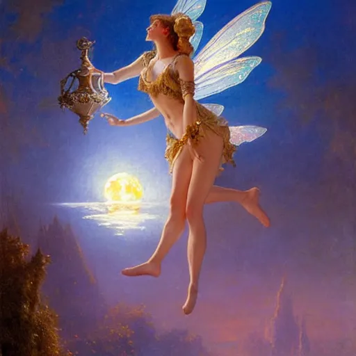 Image similar to attractive fairy magically floating high in the night, fantasy, full moon in background. highly detailed painting by gaston bussiere, craig mullins, j. c. leyendecker, mid shot, 8 k