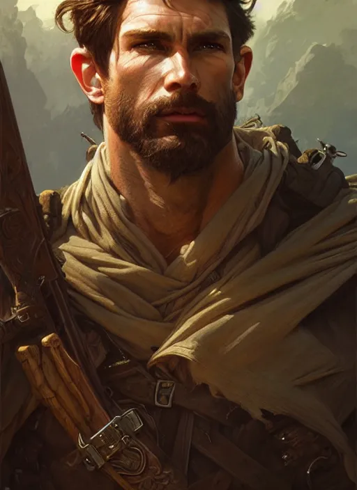 Image similar to Portrait of rugged male ranger, D&D, muscular, fantasy, intricate, elegant, highly detailed, digital painting, artstation, concept art, smooth, sharp focus, illustration, art by artgerm and greg rutkowski and alphonse mucha