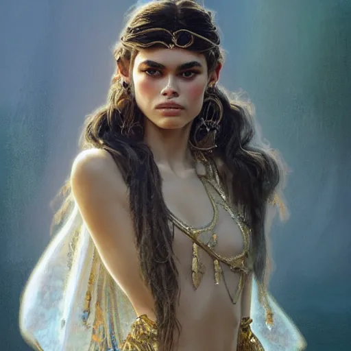 Image similar to Kaia Gerber as Cleopatra, intricate, elegant, highly detailed, digital painting, artstation, concept art, smooth, sharp focus, illustration, art by artgerm and greg rutkowski and alphonse mucha