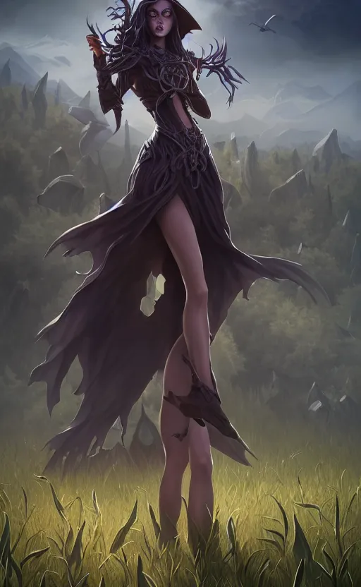 Image similar to medium shot of dark elf witch in field, sunny, highly detailed, d & d, fantasy, highly detailed, digital painting, trending on artstation, concept art, sharp focus, illustration, global illumination, ray tracing, realistic shaded, art by artgerm and greg rutkowski and fuji choko and viktoria gavrilenko and hoang lap