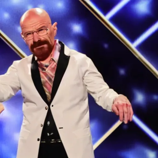 Image similar to walter white performs on america's got talent, film still, live broadcast, trending on twitter