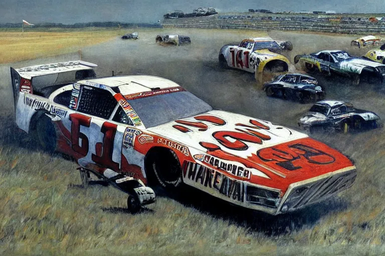 Image similar to nascar race, painting by andrew wyeth, very detailed, high quality,