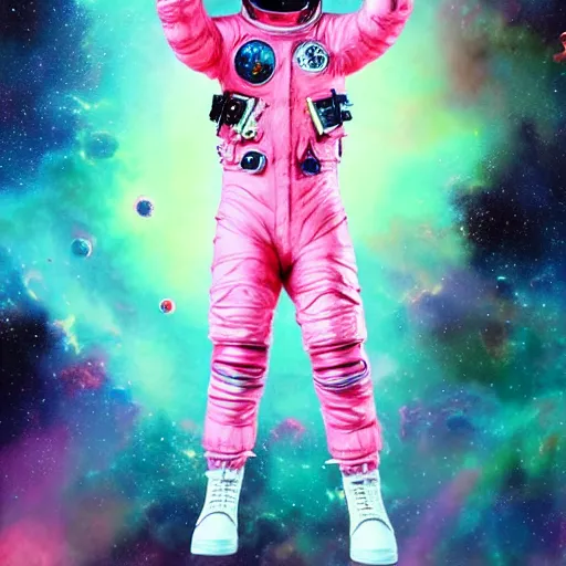 Image similar to Full body portrait of Lil Uzi Vert wearing a pink spacesuit, art by Yoshitaka Amano, matte painting, trending on artstation, space clouds art