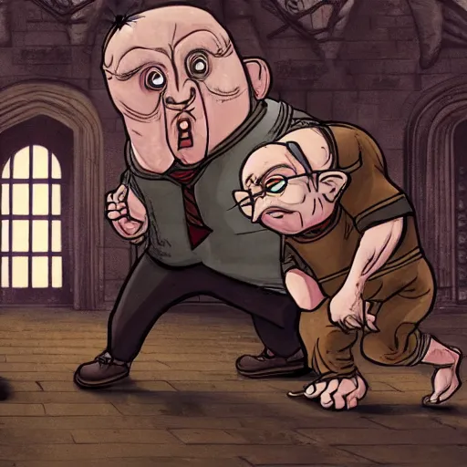 Image similar to harry potter illustration of extremely muscular Dobby fighting a Gnome at Gringotts, hd 4k