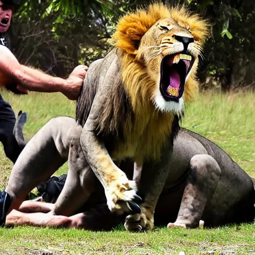 Prompt: New Zealand freedom protesters are mauled by lions. News footage.