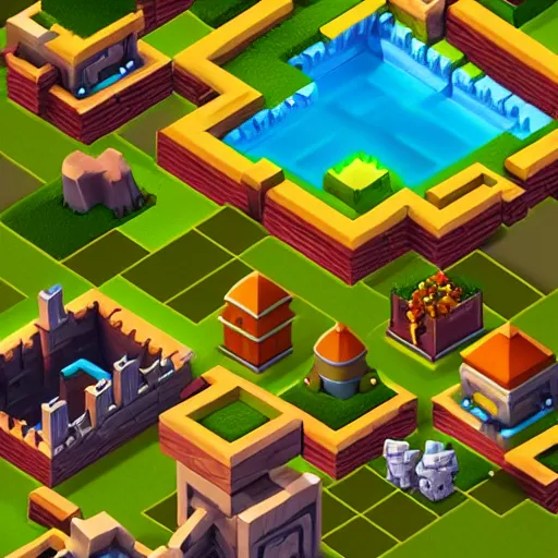 Image similar to isometric game level by style of clash of clans, beautiful lighting, concept art