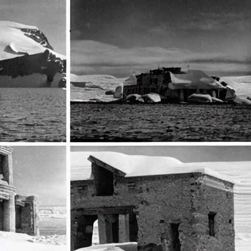 Prompt: photographs of secret 1 9 4 0's expedition to antarctica featuring ancient ruins