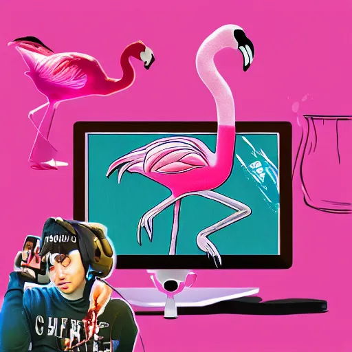 Prompt: the flamingo cafe, internetcore mashup plunderphonic collage album cover, meme trending on artstation