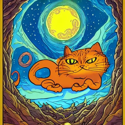 Prompt: garfield the orangecat as a large eldritch horror consuming the world, starry, eldritch, cosmic, lovecraft, rojom, silated
