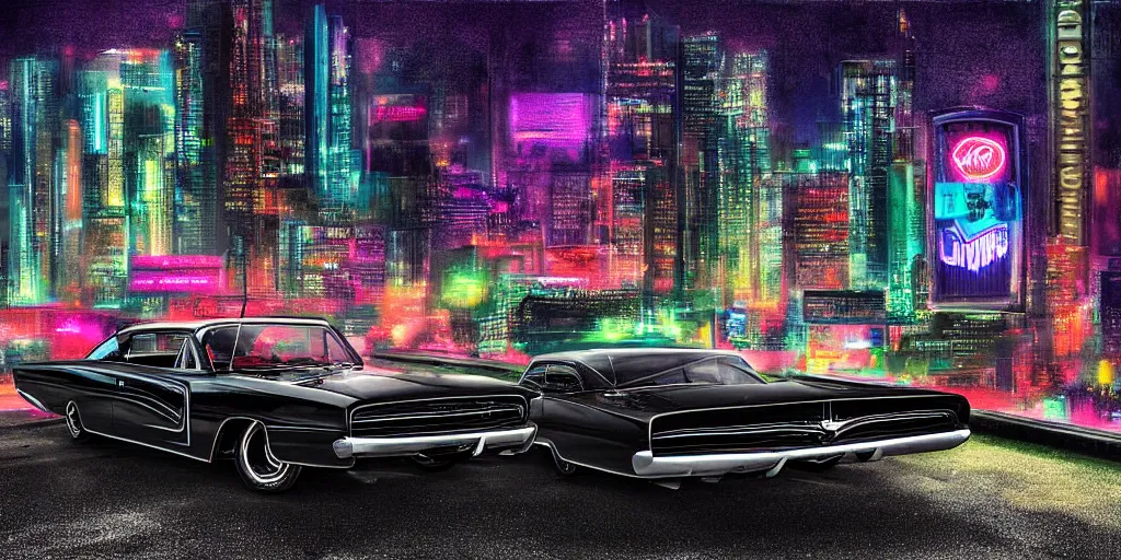 Image similar to A Black 1960s Dodge Charger car parked on a ridge overlooking a neon cyberpunk city at night, digital art