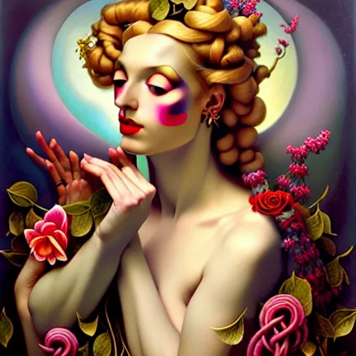 Image similar to dynamic composition, blonde woman with hair of spring flowers and vines wearing ornate earrings, ornate gilded details, pastel colors, a surrealist painting by tom bagshaw and jacek yerga and tamara de lempicka and jesse king, wiccan, pre - raphaelite, featured on cgsociety, pop surrealism, surrealist, dramatic lighting