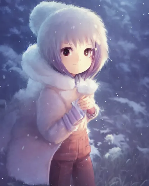 Image similar to an adorable chibi girl wearing a fluffy monster coat, full shot, atmospheric lighting, detailed face, by makoto shinkai, stanley artgerm lau, wlop, rossdraws