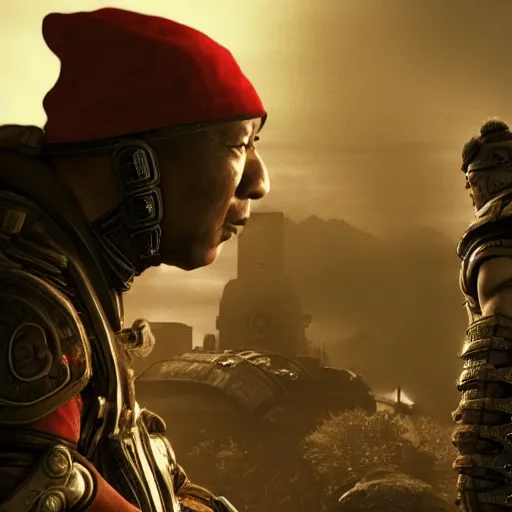 Prompt: asian!! bill cosby with conical hat in gears of war, splash art, movie still, cinematic lighting, dramatic, octane render, long lens, shallow depth of field, bokeh, anamorphic lens flare, 8 k, hyper detailed, 3 5 mm film grain