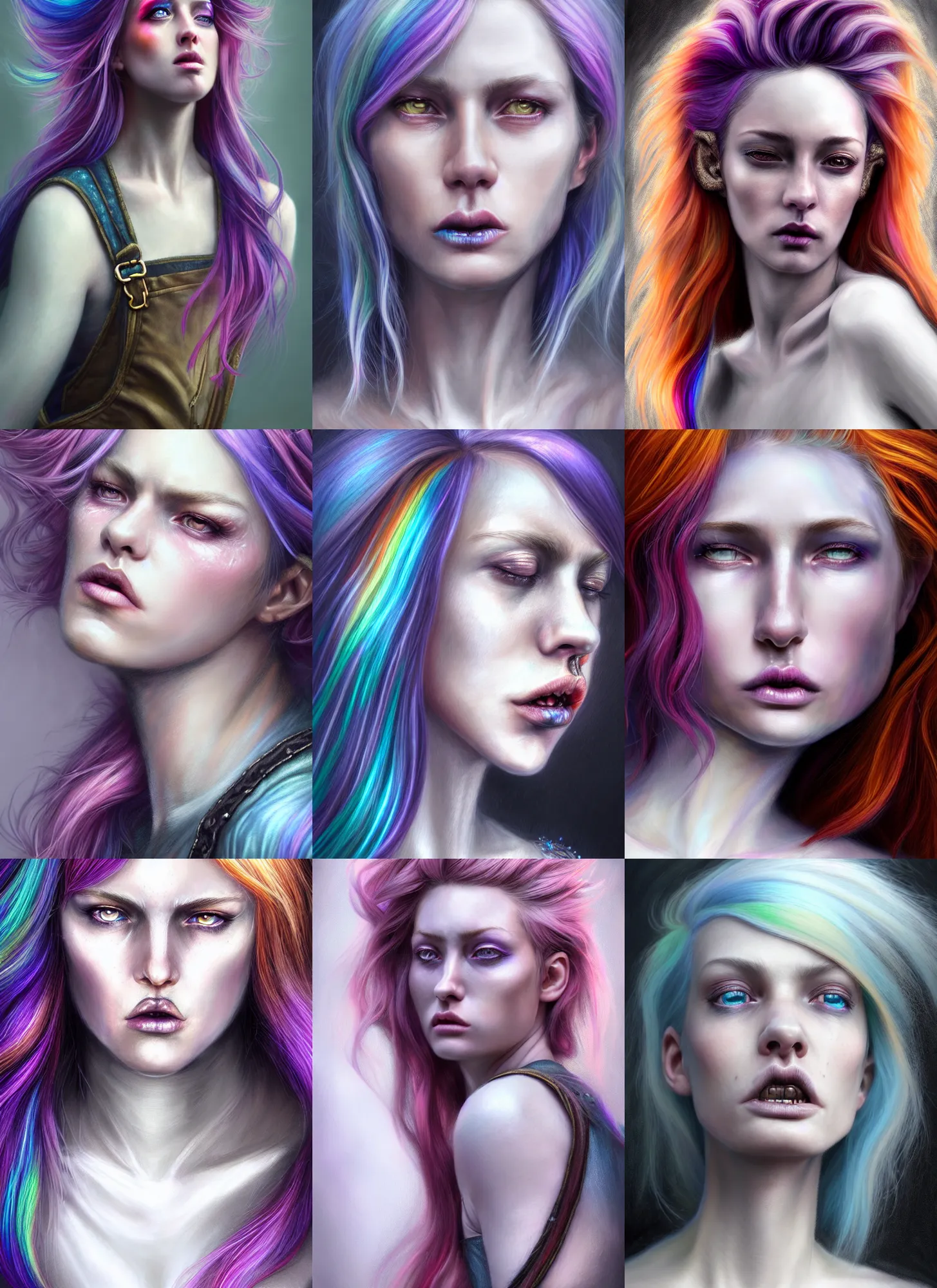 Prompt: diffuse lighting, fantasy, intricate, elegant, highly detailed, lifelike, photorealistic, digital painting, artstation, illustration, concept art, smooth, sharp focus, Ultra realistic portrait of a grungy woman with rainbow hair, drunk, angry, soft eyes and narrow chin, dainty figure, long hair straight down, torn overalls, basic white background, side boob, in the rain, wet shirt, art by John Collier and Albert Aublet and Krenz Cushart and Artem Demura and Alphonse Mucha,