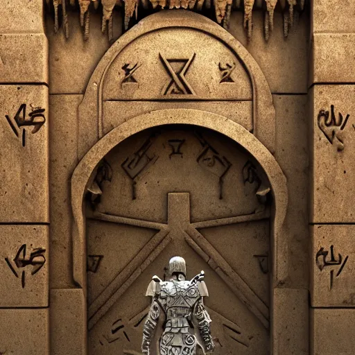 Prompt: surrealism grunge of an arab warrior infront of a dimentional gate . intricate artwork. Eerie ancient alien symbols carved into the walls, zdzisław Beksiński, wlop, dan mumford , trending on artstation, greg rutkowski very coherent symmetrical artwork. cinematic composition, hyper realism, high detail, octane render, 8k