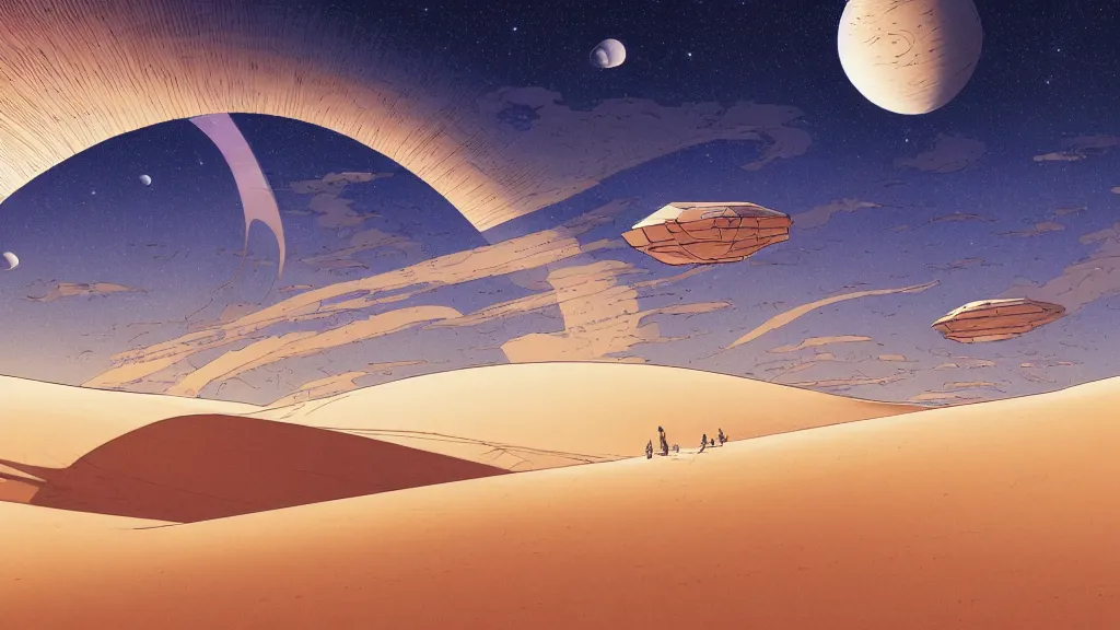 Prompt: illustration of a spaceship over sand dunes at night with cummulonimbus clouds by moebius, by makoto shinkai, by oliver vernon, by joseph moncada, by damon soule, by manabu ikeda, by kyle hotz, by dan mumford, by kilian eng, by nico delort