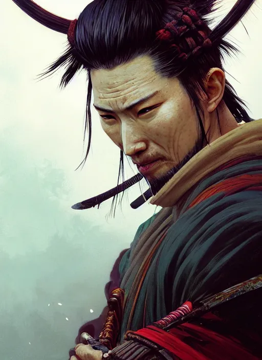 Image similar to Highly detailed portrait of sekiro samurai, Stephen Bliss, unreal engine, fantasy art by Greg Rutkowski, Loish, Rhads, ferdinand knab, Makoto Shinkai and Lois van baarle, ilya kuvshinov, rossdraws, Tom Bagshaw, alphonse mucha, global illumination, radiant light, detailed and intricate environment