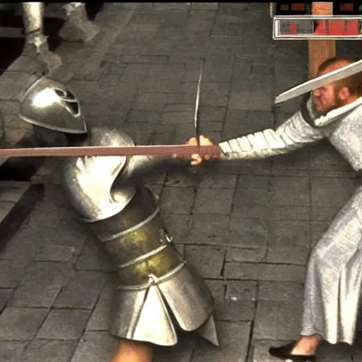 Prompt: medieval sword fight cctv footage