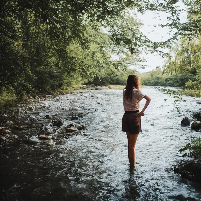 Prompt: a woman, standing in a river, backlit, wearing shorts, backlit, photo by Marat Safin, Canon EOS R3, f/1.4, ISO 200, 1/160s, 8K, RAW, unedited, symmetrical balance, in-frame