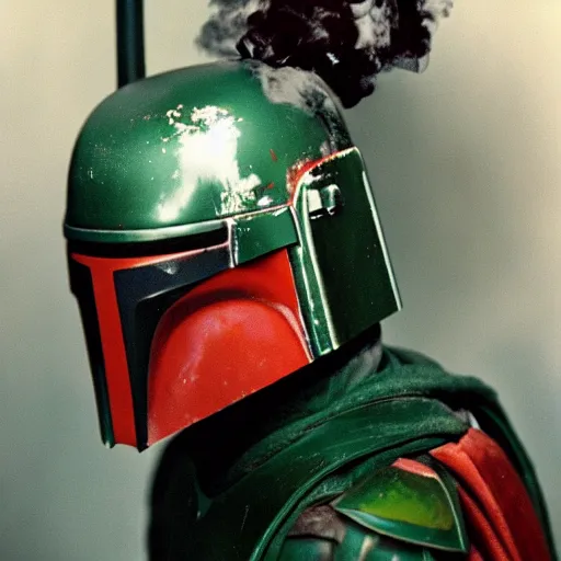 Image similar to Boba Fett smoking a cigarette, award winning portrait photo by Annie Liebowitz