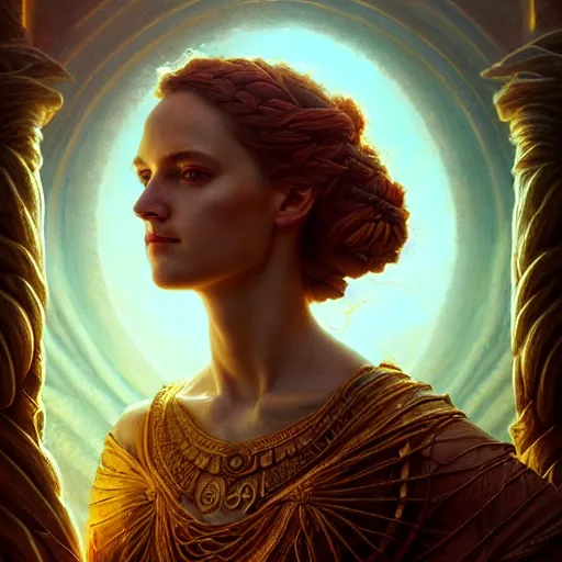 Image similar to majestic gracious regal goddess persephone portrait, ancient greece, elysium, atmospheric lighting, painted, intricate, volumetric lighting, beautiful, rich deep colours masterpiece, golden hour, sharp focus, ultra detailed, by leesha hannigan, ross tran, thierry doizon, kai carpenter, ignacio fernandez rios