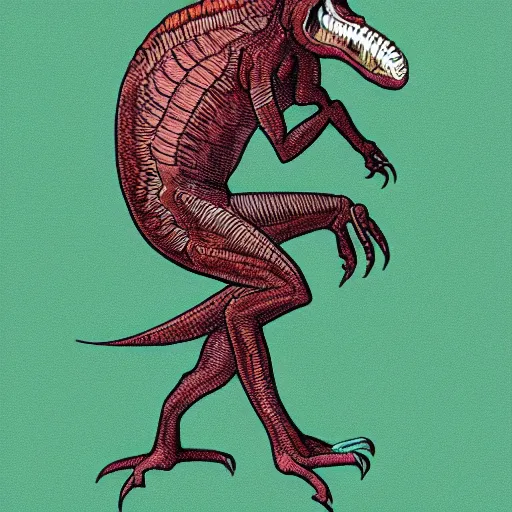 Prompt: Full body pose of velociraptor in style of Dave Hill Photograph