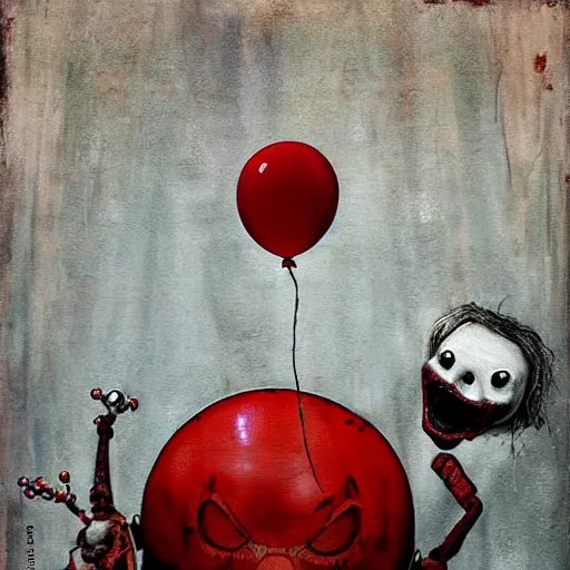 Image similar to grunge painting of a computer with a wide smile and a red balloon by chris leib, loony toons style, pennywise style, corpse bride style, horror theme, detailed, elegant, intricate