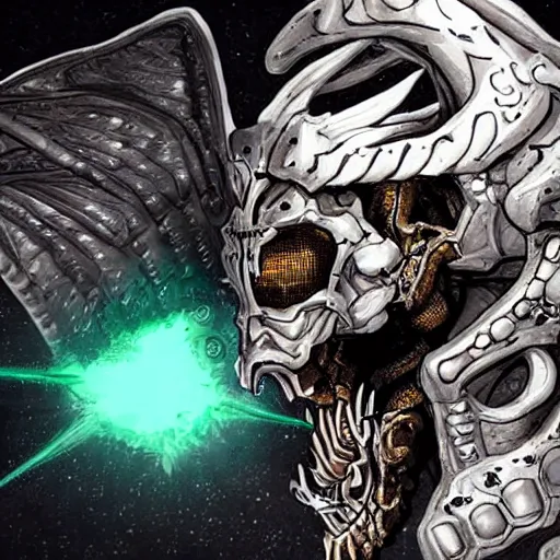 Image similar to cyborg with a metallic dragon skull for a head with giant demon wings