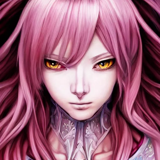 Image similar to hyperrealistic painting of a anime cat girl, stunning 3d render inspired art by P. Craig Russell and Barry Windsor-Smith + perfect facial symmetry + dim volumetric lighting, long flowing pink hair, pale skin, ornate crimson gothic armor, full body, confident heroic pose, 8k octane beautifully detailed render, post-processing, extremely hyperdetailed, intricate, epic composition, grim yet sparkling atmosphere, cinematic lighting + masterpiece, trending on artstation, very very detailed, masterpiece, stunning