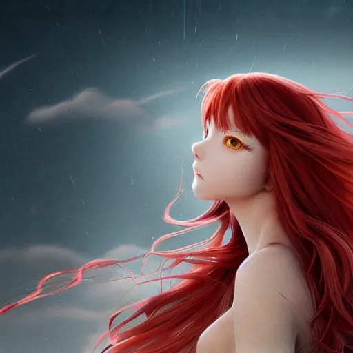 Image similar to a long - red - haired female knight as an absurdly beautiful, elegant, young sensual anime girl, floating in the sky, ultrafine hyperrealistic detailed face illustration by kim jung gi, irakli nadar, intricate linework, sharp focus, bright colors, matte, final fantasy, unreal engine highly rendered, global illumination, radiant light, intricate environment